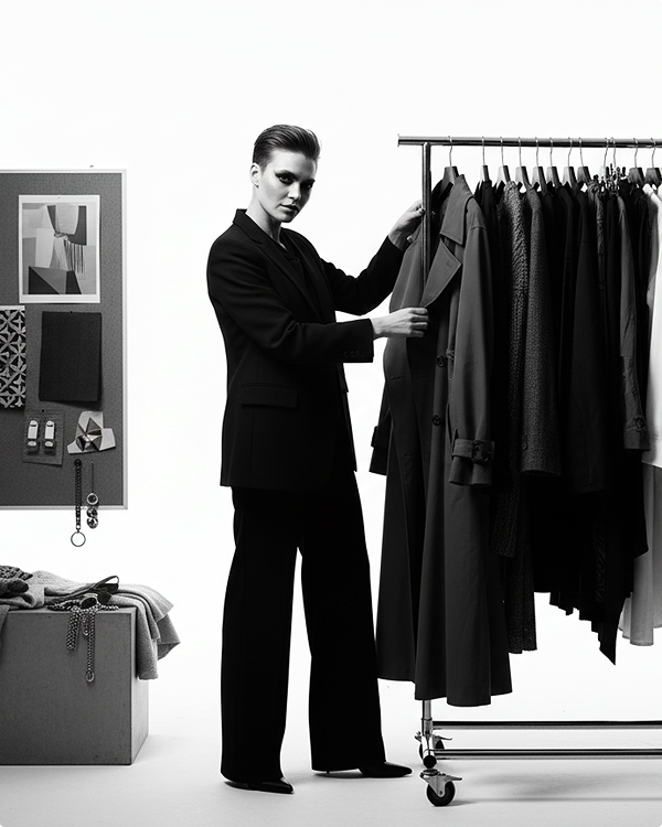 A stylist standing beside a clothing rack